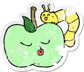 distressed sticker of a cartoon pretty apple and bug