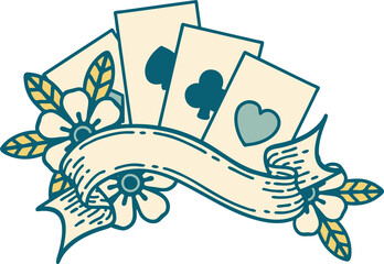 tattoo style icon of cards and banner