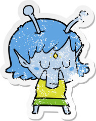 distressed sticker of a cartoon alien girl