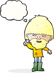 cartoon hippie man in wellington boots with thought bubble