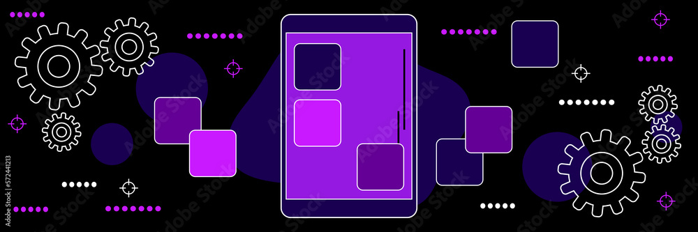 Poster mobile application development, gui construction, software engineering dark theme style vector conce