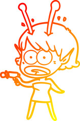warm gradient line drawing cartoon shocked alien girl