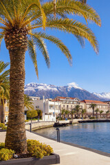 Fototapeta na wymiar Beautiful winter Mediterranean landscape. Montenegro. View of embankment of Tivat city and Kotor Bay on sunny winter day. Snow-capped Lovcen mountain