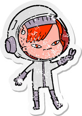 distressed sticker of a cartoon astronaut woman