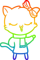 rainbow gradient line drawing cartoon cat with bow on head
