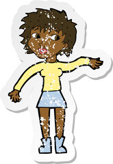 retro distressed sticker of a cartoon friendly woman waving