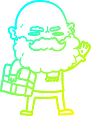 cold gradient line drawing cartoon man with beard frowning with xmas gift