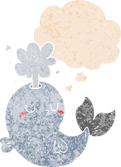 cartoon whale spouting water and thought bubble in retro textured style