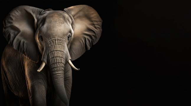 portrait of a elephant photo studio set up with key light, isolated with black background and copy space - generative ai