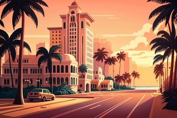 Fototapeta premium cartoon illustration, street in miami with hotels, sandy beach and palm trees, ai generative