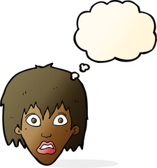 cartoon frightened woman with thought bubble