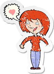 retro distressed sticker of a cartoon woman in love