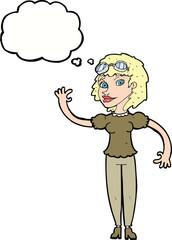 cartoon pilot woman waving with thought bubble