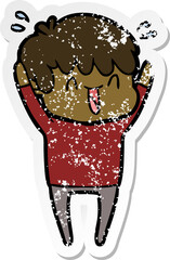distressed sticker of a cartoon laughing boy