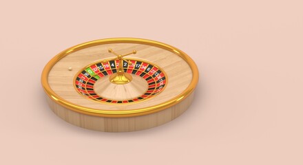 roulette wheel with wooden and gold accents on plain background (3d illustration)