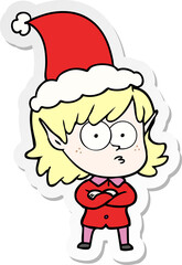 sticker cartoon of a elf girl staring wearing santa hat