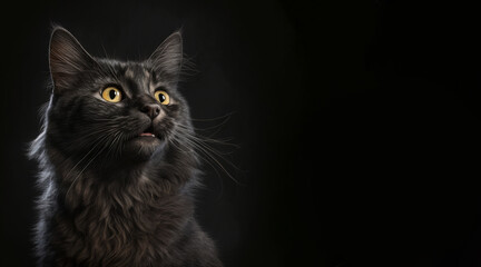 portrait of a happy black cat, photo studio set up with key light, isolated with black background and copy space - generative ai