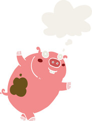 funny cartoon pig and thought bubble in retro style