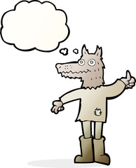 cartoon wolf man with thought bubble