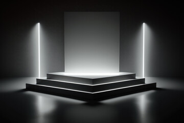 Black empty scene for product presentation. Mockup pedestal with spotlights. Created with Generative AI technology.