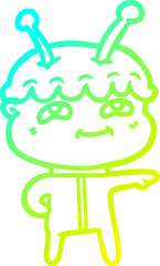 cold gradient line drawing friendly cartoon spaceman pointing