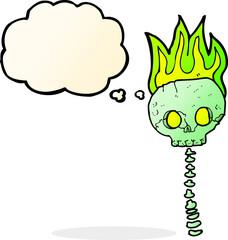 cartoon spooky skull and spine with thought bubble