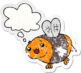 funny cartoon bee and thought bubble as a distressed worn sticker