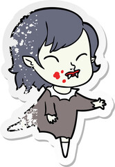 distressed sticker of a cartoon vampire girl with blood on cheek