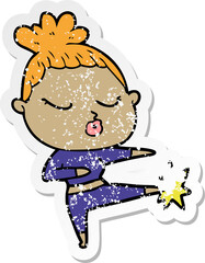 distressed sticker of a cartoon calm woman