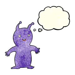 cartoon happy little alien with thought bubble