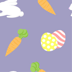 Seamless pattern with carrot, egg, and rabbit for Easter. Vector illustration on blue background for the Easter cards, paper wrapper, textiles and other objects