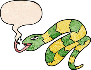 cartoon hissing snake and speech bubble in retro texture style
