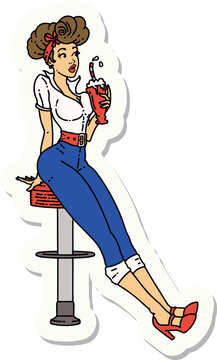 tattoo style sticker of a pinup girl drinking a milkshake