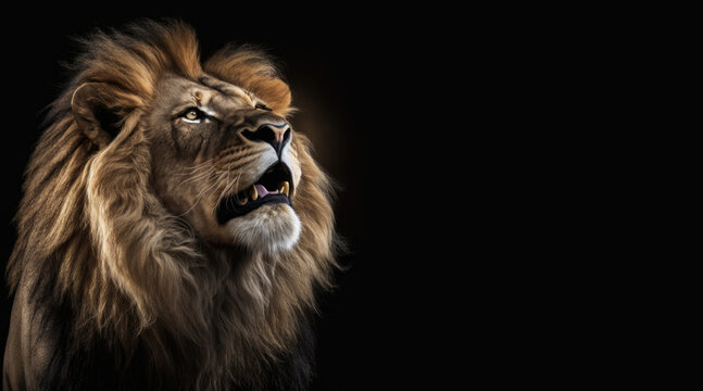 portrait of a happy lion, photo studio set up with key light, isolated with black background and copy space - generative ai
