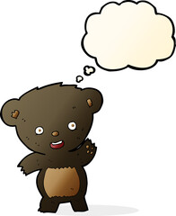 cartoon waving black bear with thought bubble