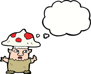 cartoon little mushroom man with thought bubble