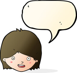 cartoon happy female face with speech bubble