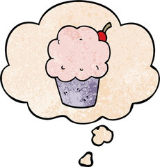cartoon cupcake and thought bubble in grunge texture pattern style