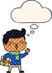cartoon laughing boy and thought bubble in comic book style