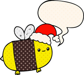 cartoon christmas bee and speech bubble in comic book style