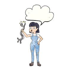 speech bubble textured cartoon female electrician