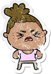distressed sticker of a cartoon angry woman