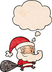 cartoon santa claus with sack and thought bubble in grunge texture pattern style