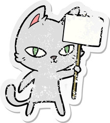 distressed sticker of a cartoon cat waving sign
