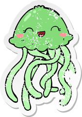 distressed sticker of a cute cartoon jellyfish