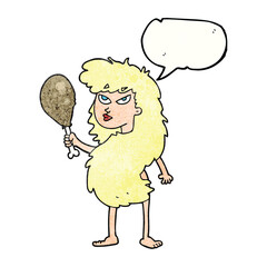 speech bubble textured cartoon cavewoman with meat