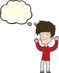 cartoon man waving arms with thought bubble
