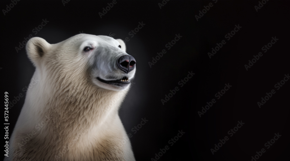 Wall mural portrait of a happy polar bear, photo studio set up with key light, isolated with black background a