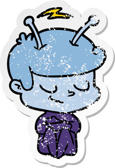 distressed sticker of a friendly cartoon spaceman