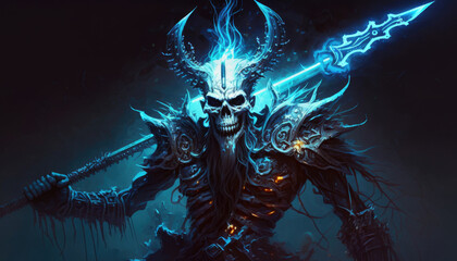 dämon with horns, decorated shoulder armor and magic glowing spear